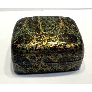Fetco Kashmir India Handmade Trinket Box Paper Mache Lacquer 3” Green Gold